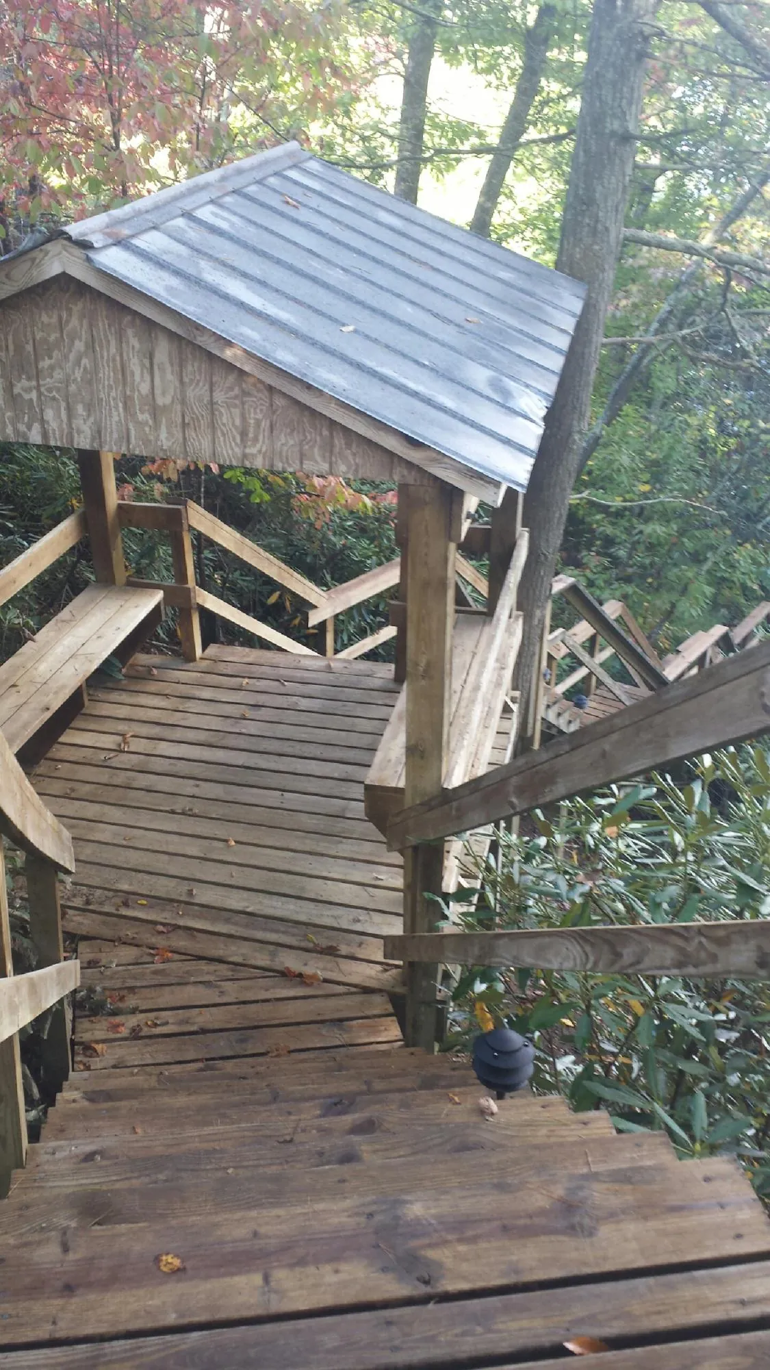 Metal roofed shelter over wooden steps on a wooded walkway — Skylight Repair & Installation work by our crew in Blue Springs