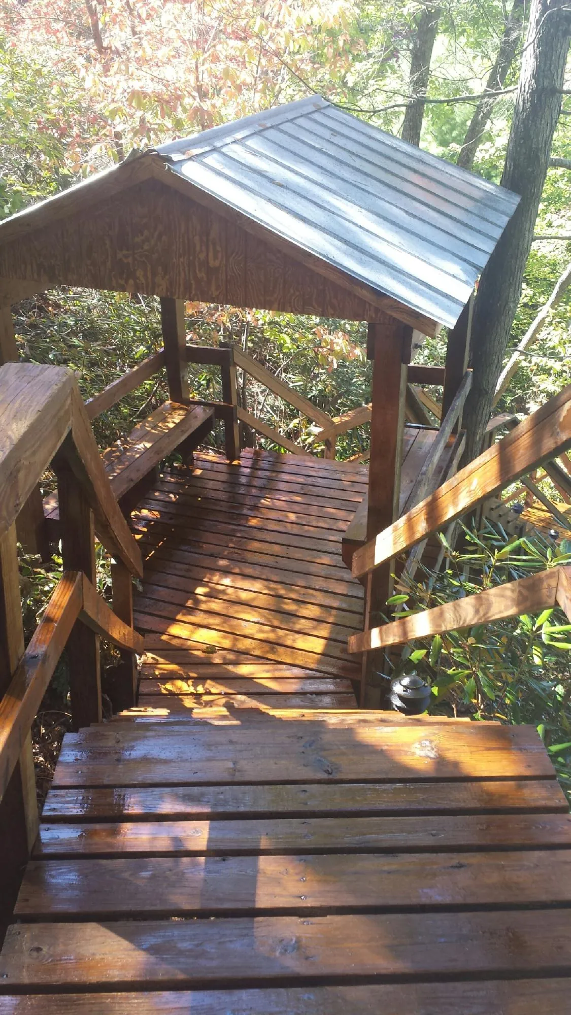 Freshly stained wood walkway and covered shelter with a metal roof in Blue Springs